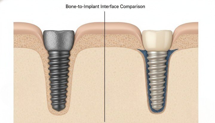 PEEK vs titanium osseointegration bone contact comparison