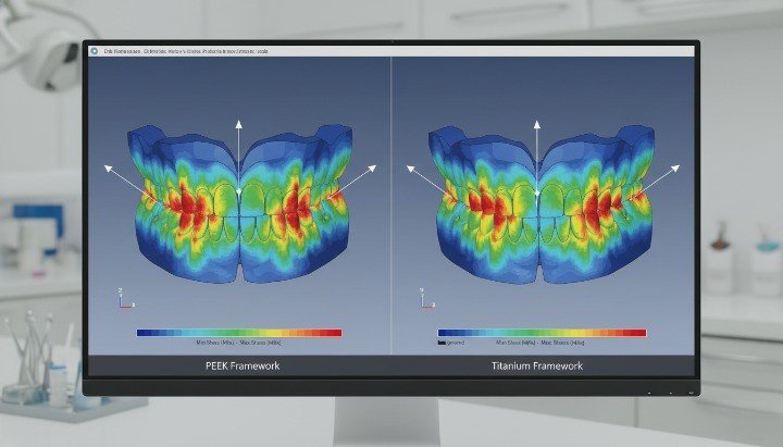 PEEK vs titanium stress distribution FEA dental implant framework