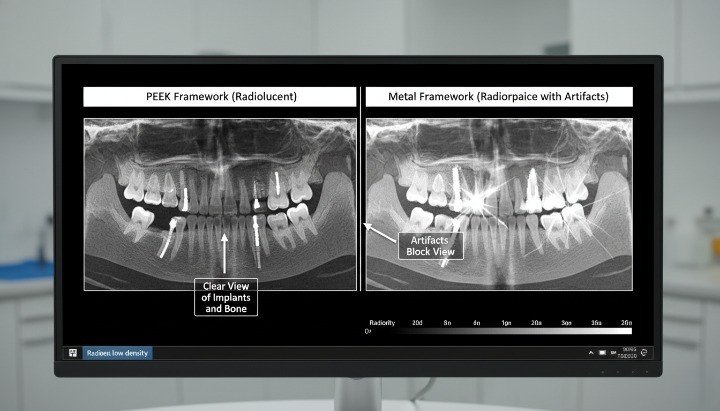 radiolucent PEEK dental framework vs metal on dental X-ray CBCT