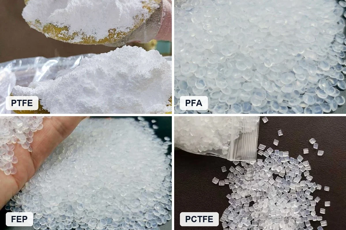 Peflon fluoropolymer material family — PTFE powder, PFA, FEP and PCTFE resin pellets