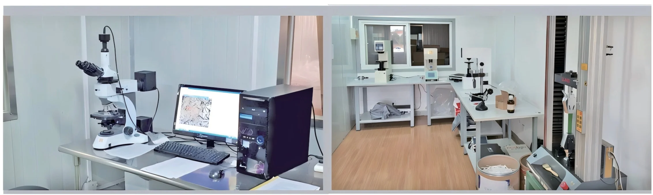 Peflon polarized light microscope and tensile testing machine