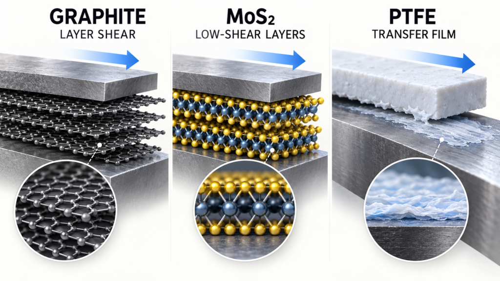 Graphite layer shear, MoS2 low-shear layers and PTFE transfer film