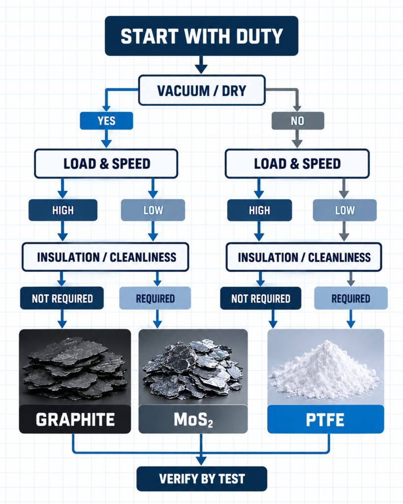 English selection flow for graphite, MoS2 and PTFE solid lubricants